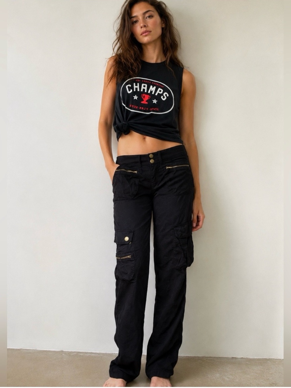 Vintage Y2K Guess Jeans Black Cargo Utility Emo Goth Pants Size 27 Tall